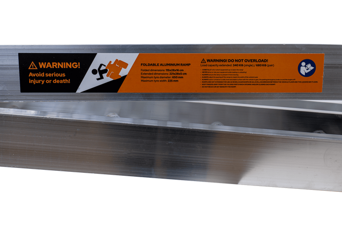 Zložljiva aluminijasta klančina UNITRAILER ALR003 za prikolico 221 cm 340 kg s pasom in podporo