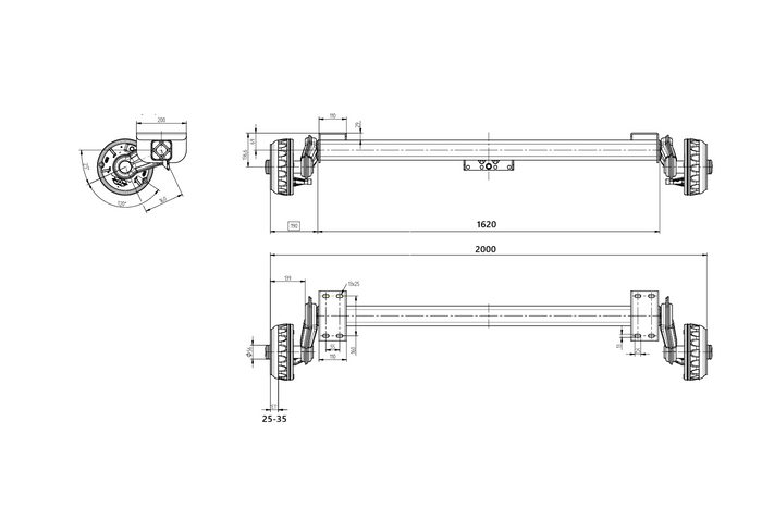KNOTT P11359.014 VGB13 os z zavoro za prikolico za čoln 1350 kg 1500 mm 2000 mm 5 x 112